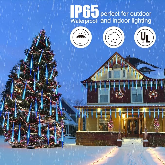 Meteor Shower Lights 20 Tubes 16 Inch 720 LED Solar Christmas Lights Outdoor Waterproof, Snow Cascading String Lights for Outside Christmas Halloween House Tree Decoration, Blue