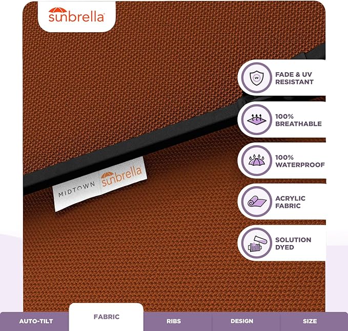 Midtown Umbrellas Sunbrella Umbrella 8 Feet Outdoor Umbrella With Sunbrella Terracotta Acrylic Fabric - Auto-Tilt Aluminum Frame Patio Umbrella For Backyard, Deck, Garden, Pool - Black Pole