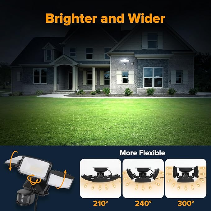 LUTEC 49W Motion Sensor Outdoor Lights, 5500 LM Plug in Flood Light Outdoor, Dusk to Dawn, IP65 Waterproof Security Lighting, 5000K Daylight, Adjustable Wall-Mounted for Garage, Yard, Porch (Black)