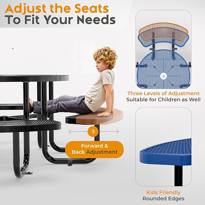 Metal Picnic Tables for Outdoors with Umbrella Hole - Coated Steel Heavy Duty Commercial Grade Table with Adjustable Seats (Blue, 38 in, Round, Expanded Steel)