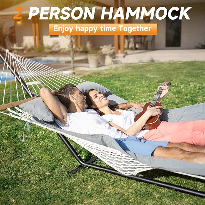 2 Person Outdoor Hammock with Stand, Cotton Rope Hammock with Polyester Pad, Adjustable Steel Frame, Portable with Carrying Bag – for Patio, Backyard, Garden, Beach, Urban-Gray