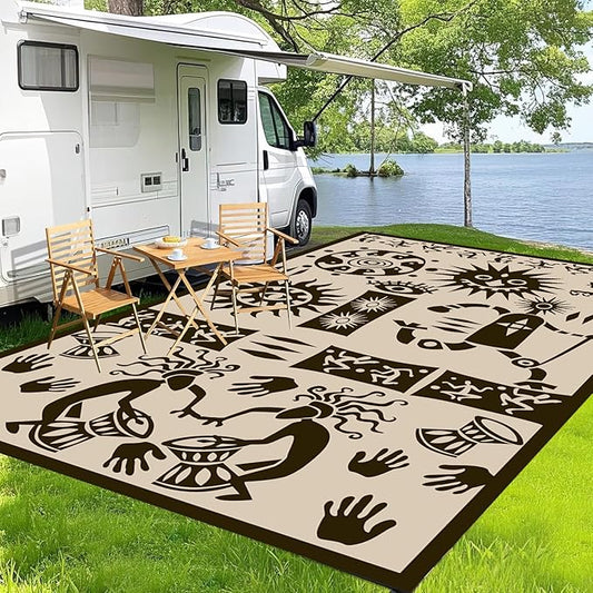 WILDROOTS 5x8 Feet Plastic Tribal Outdoor Rug, Stain Resistant Waterproof Reversible Outdoor Patio Rug, Fade Resistant Camping Rug (Ivory Beige)
