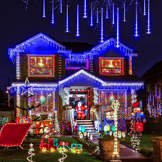 KNONEW Meteor Shower Lights 15 Inch 24 Tubes 672 LED Christmas String Plug-in Outdoor Waterproof Falling Rain for Wedding Party Garden Holiday Tree Decorations (Blue)