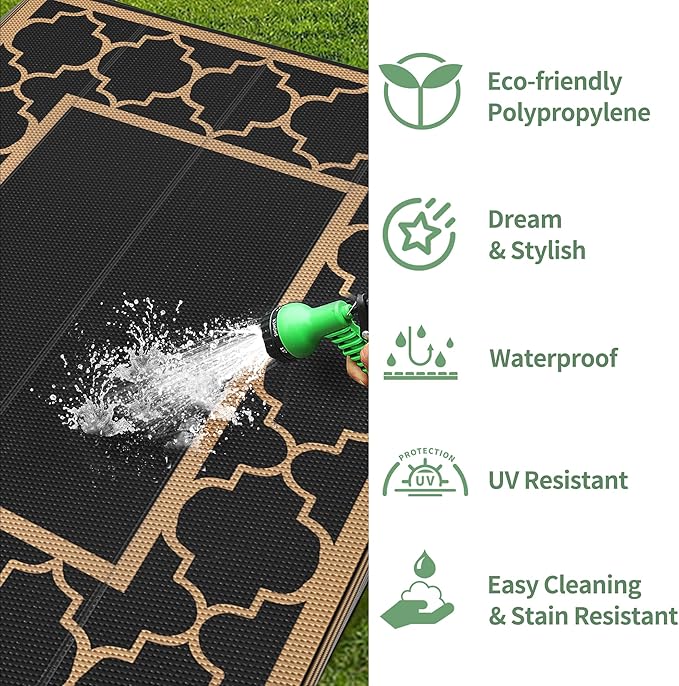 GENIMO 5' x 8' Outdoor Rug Waterproof for Patio Decor, Foldable Reversible Plastic Straw Area Rugs Mat for Camper, Outside Carpet for Rv, Deck, Porch, Picnic, Beach, Balcony, Black & Brown