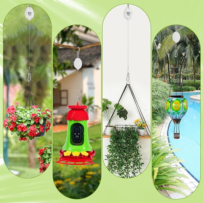 Plant Pulleys for Hanging Plants, Heavy Duty Retractable Hangers, 304 Stainless Steel Rope, Auto Plant Holder, Adjustable Climbing Hook for Garden Baskets Watering, or Bird Feeders (White-6)