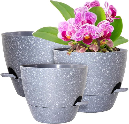Big Self Watering Pots 12/10/9 inch, Planter, Plant Pots with Mesh Drainage Holes for Indoor Outdoor Garden Plants, Plastic Flower Pots with Removable Deep Reservoir, Speckled Grey