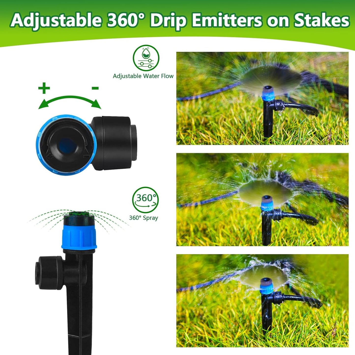 Push-to-Fit Drip Irrigation Vortex Emitters for 1/4" Drip Irrigation Tubing, 30 Pcs Adjustable 360 Degree Water Flow Fan Shape Drippers with Stake for 4/7mm Tube for Garden Watering System