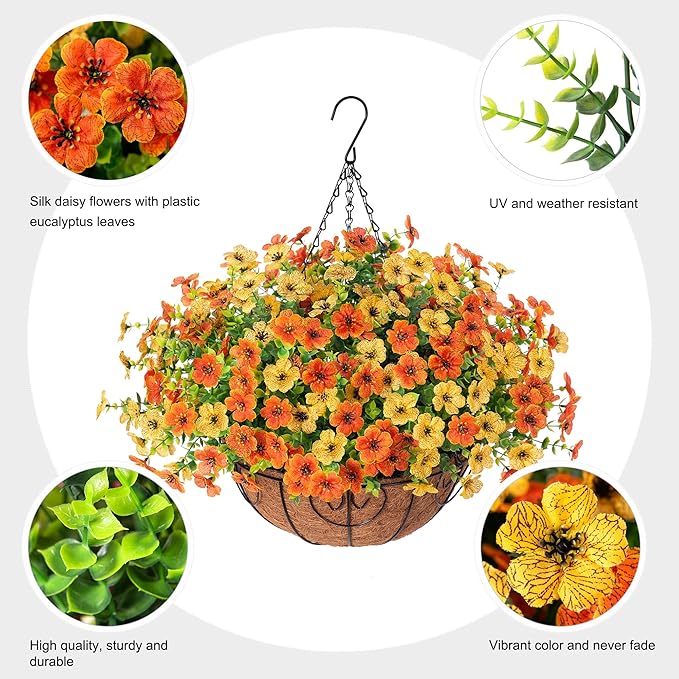 Artificial Fake Hanging Mums Plants Flowers Basket for Fall Autumn Outdoor Decor, Faux Silk Orange Dasiy Flower Look Real UV Resistant for Outside Porch Home Patio Garden Decoration