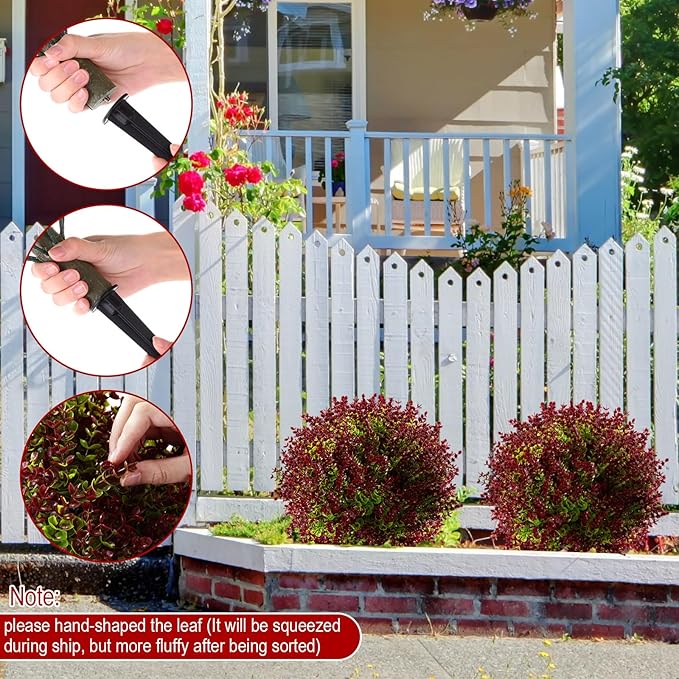 Yunlly 4 Pcs 18 Inch Artificial Boxwood Ball Topiary Tree Fake Outdoor Plants Bush, UV Resistance Faux Shrub with Spike Realistic Greenery Potted for Indoor Garden Yard Porch Patio Decor (Purple Red)