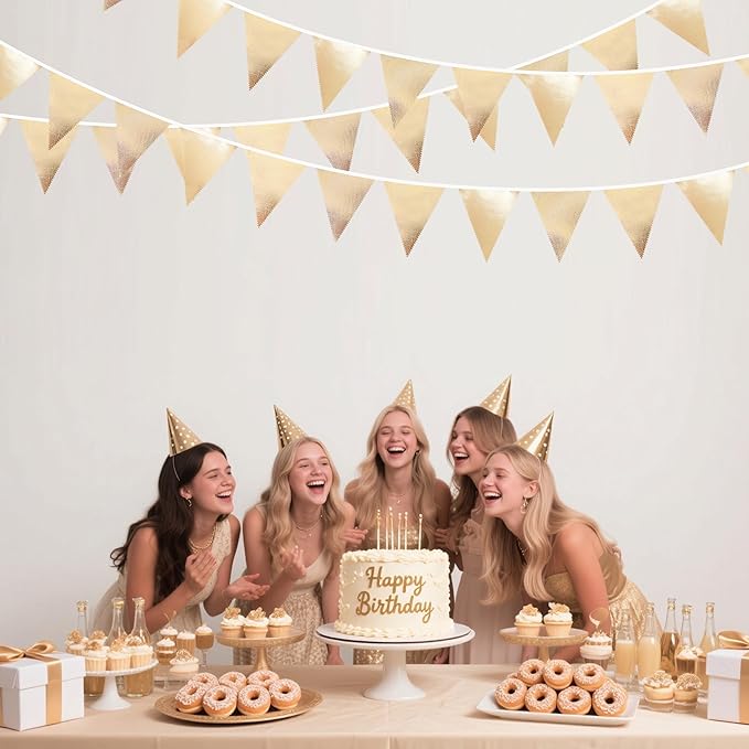 Champagne Gold Party Decoration Metallic Fabric Triangle Pennant Banner Flag Bunting Garland for Birthday Engagement Bridal Shower Wedding Anniversary Graduation Bachelorette Party Decoration Supplies