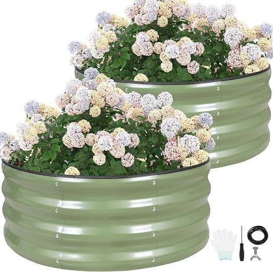G GOOD GAIN Round Raised Garden Bed - 2Pcs 3x3x1ft Galvanized Steel Planter Boxes Outdoor with Rubber Edge Trim | Metal Raised Beds for Gardening Vegetables Flowers Fruits Herbs (Olive Green)