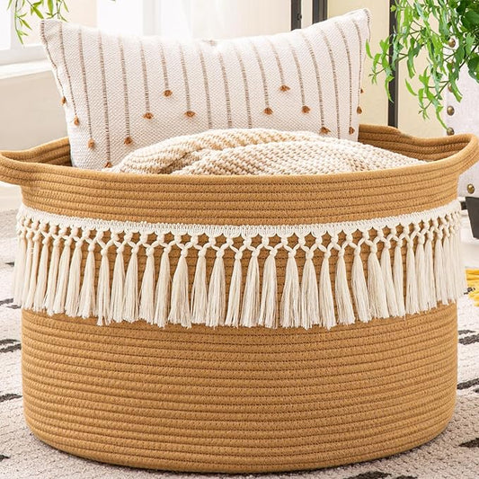 KAKAMAY Large Blanket Basket (20"x13"),Woven Baskets for storage Baby Laundry Hamper, Cotton Rope Blanket Basket for Living Room, Laundry, Nursery, Pillows, Baby Toy chest (Brown Fringe)