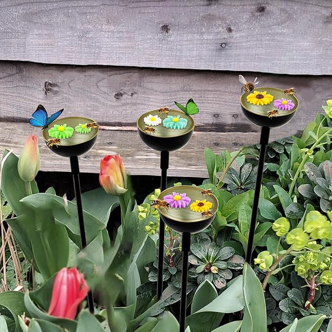 4 Pack Bee Cups For Garden with Artificial Flowers, Bee Waterer And Butterfly Water Stations, Bee Water Catcher Cups For Thirsty Pollinators, Bee Bath, Colorful Metal Garden Sculpture Stakes Decor