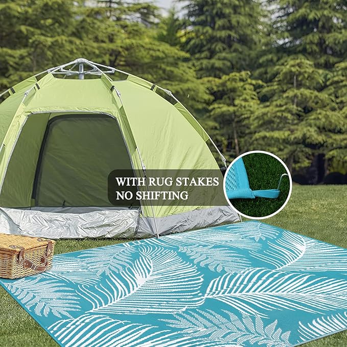 Pauwer Waterproof Outdoor Rug 6x9, Reversible Plastic Straw Patio Camping Rug, Indoor Outdoor RV Mat Carpet for Deck, Camper, Porch, Balcony, Backyard, Picnic, Leaf Teal