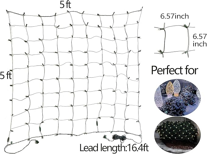 LED Christmas Net Lights Outdoor Christmas Decorations for Bushes,100LED 5ftx5ft Connectable Green Wire Net Christmas Lights for Outdoor indoor Yard Mesh Shrub Tree Decor ,UL Certified(Warm White)