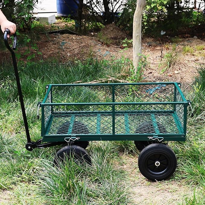 Heavy Duty 480 Lbs Capacity Mesh Steel Garden Cart Folding Utility Wagon with Removable Sides (Green)