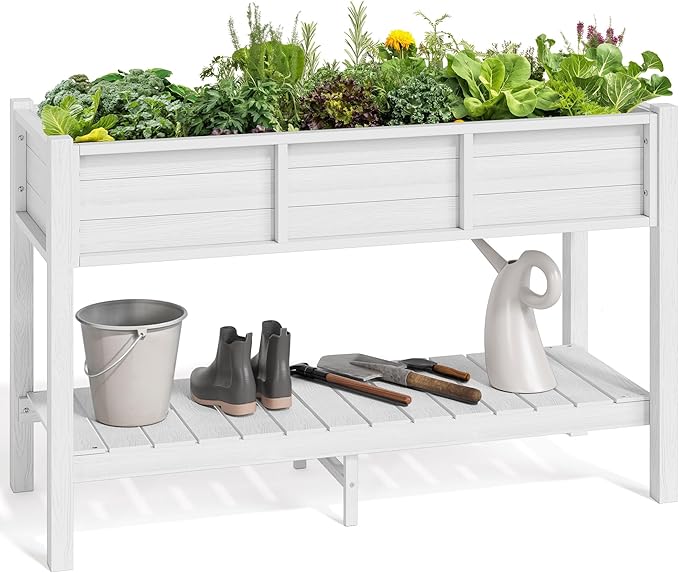 YITAHOME 48x18x30in Raised Garden Bed, Weather Resistant Poly Lumber Planter Box with Legs & Storage Shelf, Elevated Garden Bed for Yard, Garden, Balcony - White