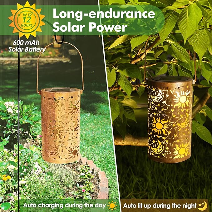 Fabuday Sun Moon Outdoor Solar Lantern Waterproof - Hanging Solar Power Lights Led for Outside, Garden Decor for Patio, Porch, Balcony, Yard and Deck, Stars Decorations Gifts for Women Mom