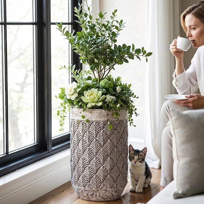 15.5 & 19 inch high Concrete Flower pots Set of 2, The planters for Outdoor Plants with Drainage Hole, Modern Family Outdoor Decor Plant pots, Indoor Plant pots for Home Decor.