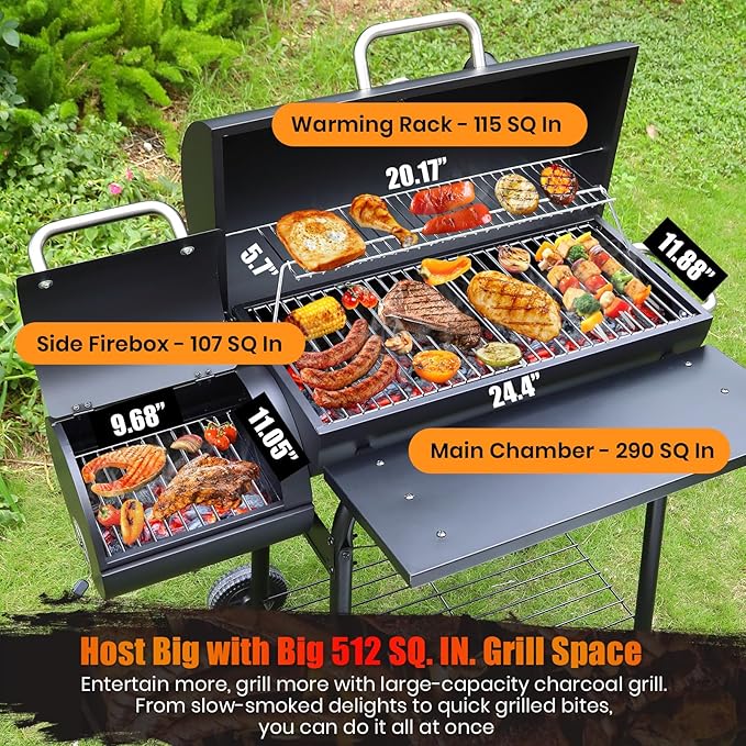Charcoal Grill Offset Smoker: Charcoal Barbecue Grills with Spacious Cooking Area | Barrel BBQ Grill and Smokers Combo for Outdoor Patio Backyard Camping and Parties
