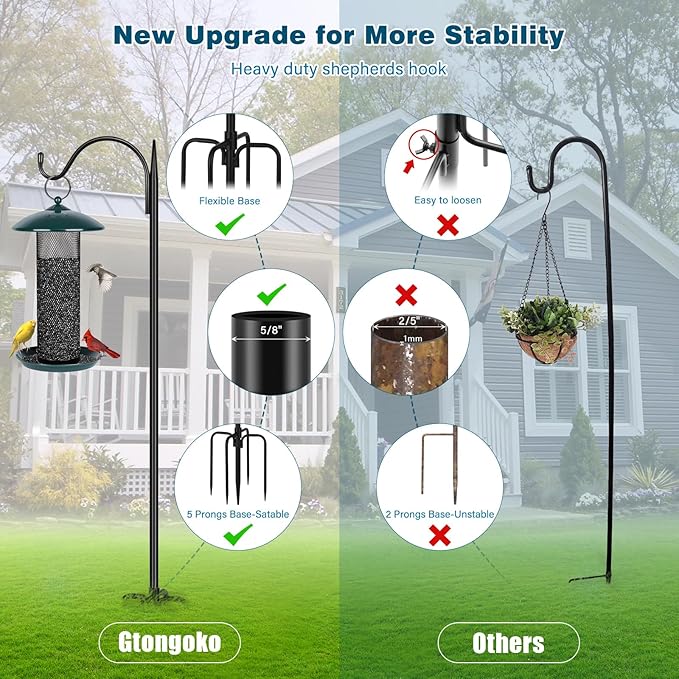 Gtongoko Adjustable 63 inch Shepherds Hooks for Outdoor Bird Feeder with 5 Prongs, Bird Feeder Pole Garden Hooks for Hanging Lanterns, Plants Baskets, Hummingbird Feeders, 1 Pack