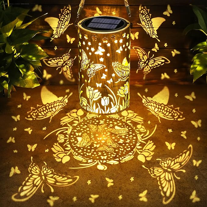 Toodour Solar Lantern Outdoor, Butterfly Gifts for Mom Grandma Women Hanging Solar Outdoor Lights Waterproof, Hollow Out Retro Metal Butterfly Lights for Patio, Balcony, Walkway, Yard Decorations