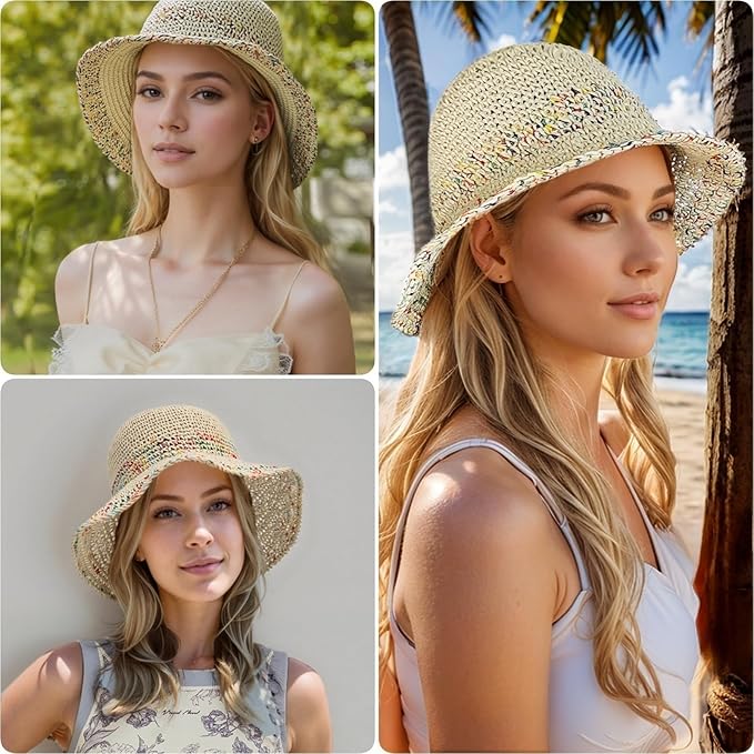 Floppy Big Beach Straw Hats for Women Foldable Summer Wide Brim Packable Sun Hat Womens Travel Straw Fedora Hat