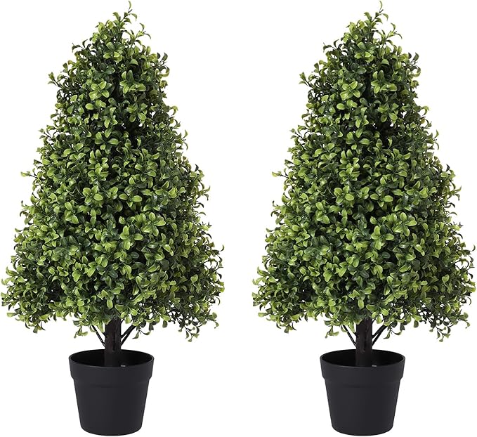 30" Artificial Boxwood Topiary Trees Outdoor Set of 2 - UV Resistant Faux Plants for Front Porch Outside Planter, Realistic Fake Cone-Shaped Bushes & Shrubs 2.5ft