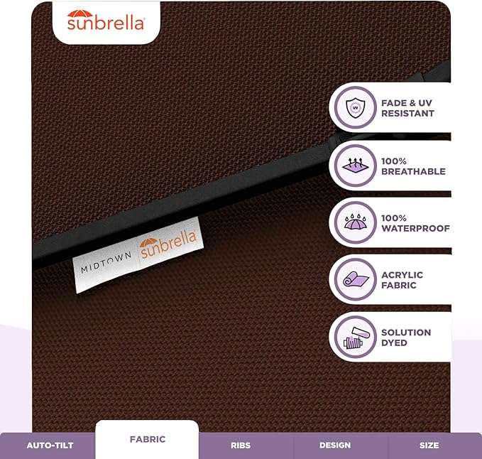 Midtown Umbrellas Sunbrella Umbrella 9 Feet Outdoor Umbrella With Sunbrella Bay Brown Acrylic Fabric - Auto-Tilt Aluminum Frame Patio Umbrella For Backyard, Deck, Garden, Pool - Black Pole