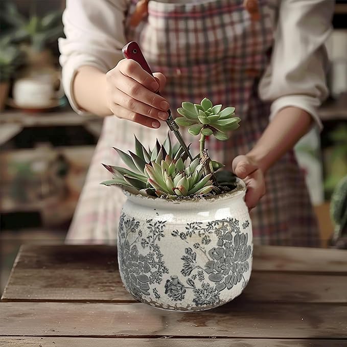 Vintage Grey Ceramic Ice Crack Flower Pot with Drainage Holes, Country Rustic Planters for Indoor and Outdoor,Tuscan Decor,Home,Living Room, Garden Decor, Gardening Gift