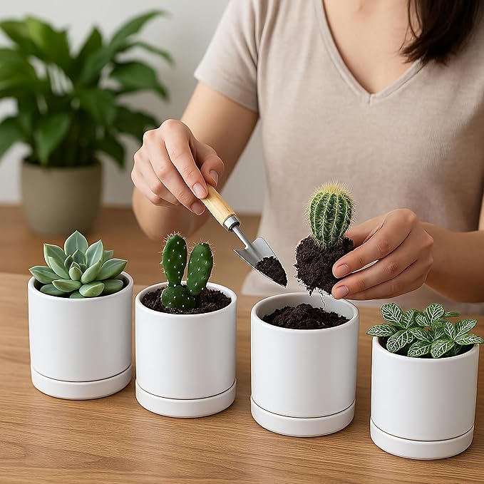 D'vine Dev Set of 4 Small Ceramic Plant Pots, 3.5 Inch Succulent Planter Pot for Plants with Drainage Hole and Saucer, White, 94-X-A-1