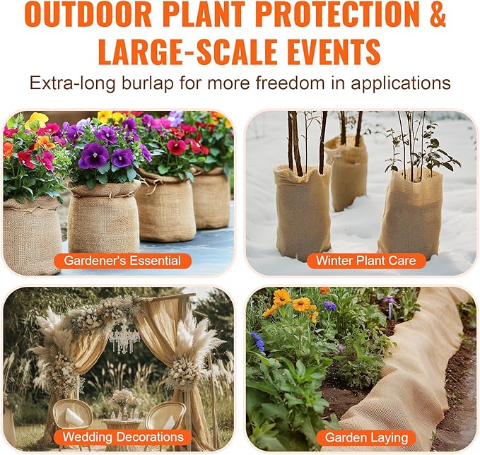 VEVOR Burlap Fabric Roll, 40” x 150 ft High Density Natural Jute Fiber Material for Outdoor Plant Care, Tree Wrap Roll, Decor, DIY Crafts, Wedding, Garden Weed Barrier, Plants & Trees Winter Covering