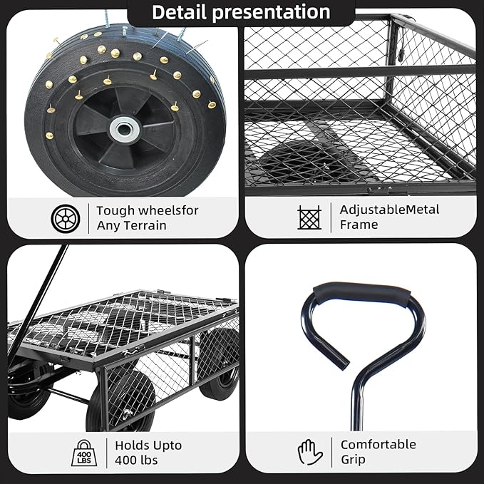 Heavy Duty 480 Lbs Capacity Mesh Steel Garden Cart Folding Utility Wagon with Removable Sides (Black)