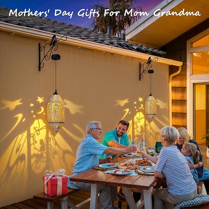 Outdoor Solar Lanterns Waterproof Fairy Moon Garden Gifts for Women Mom12.4‘’ Metal Garden Lanterns Hanging Light for Patio Backyard Decorations, Mothers Day Birthday Gifts (Gold White,2Pack)