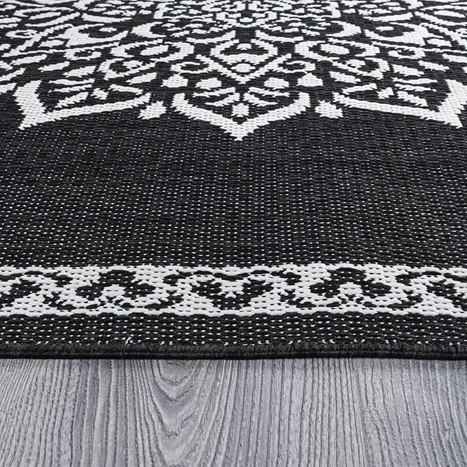 CAMILSON Outdoor Rug, 8x10 Medallion Black White Modern Area Rugs for Indoor and Outdoor Patios, Kitchen and Hallway Mats, Washable Porch Deck Outside Carpet (Medallion Black, 8 x 10)