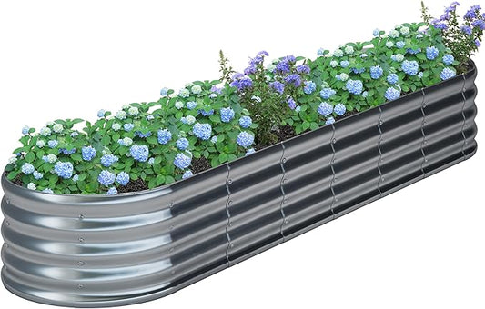 KFN 8x1.8x1FT Galvanized Raised Garden Bed,Raised Garden Bed Kit-Oval Metal Vegetable Box,Large Planter Flower Boxes Outdoor,Planting for Vegetables,Flower,Herb,Sliver,0.7mm