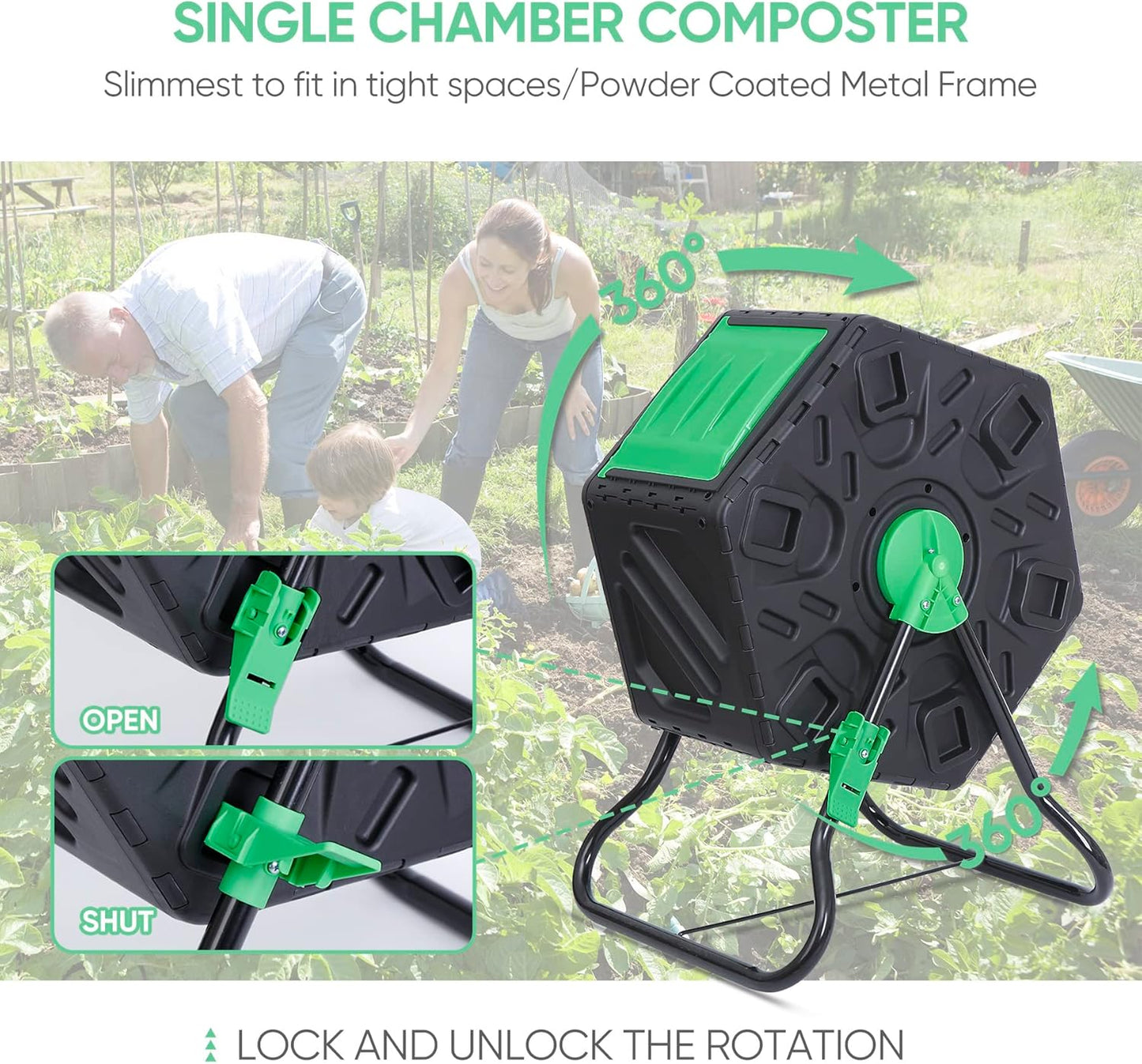 Nouva Outdoor Composting Bin, 18.5 Gallon Single Chamber Small Tumbling Composter,Steel Frame Heavy Duty Barrel for Kitchen Garden Yard