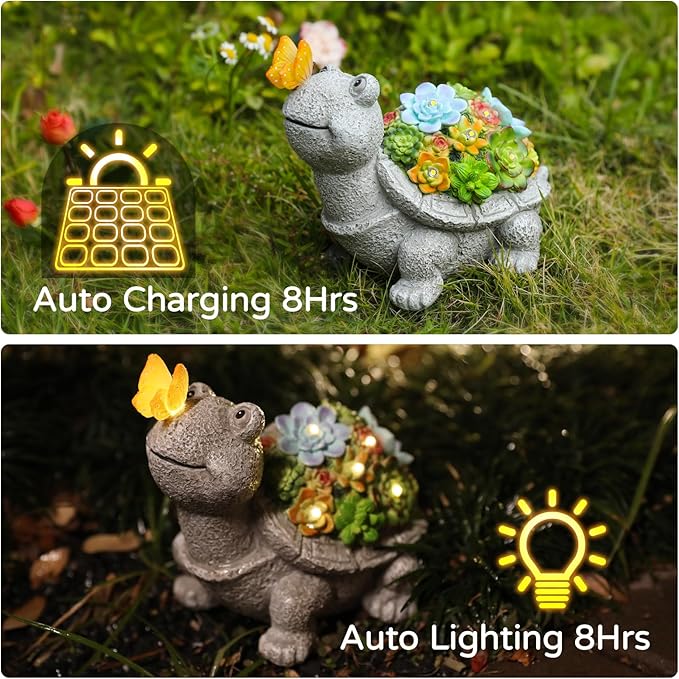 Solar Garden Outdoor Statues Turtle with Succulent Butterfly 8 LED Lights, Lawn Decor Tortoise Figurine for Patio Balcony Yard, Yard Unique Christmas Birthdays Gift for Mom Grandma