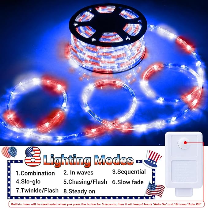 50ft LED Rope Lights Outdoor,360 LED Connectable & Flexible Tube Lights with 8 Modes, Waterproof LED Rope Lighting for Independence Flag Day, Memorial Day, Outdoor,Indoor Decor (Red & White & Blue)