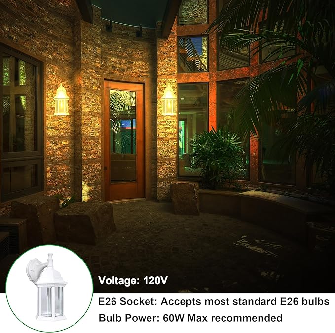 LIT-PaTH Outdoor Wall Lantern, Wall Sconce as Porch Lighting Fixture, E26 Medium Base Max 60W, Aluminum Housing Plus Glass, Matte White Finish, 1-Pack