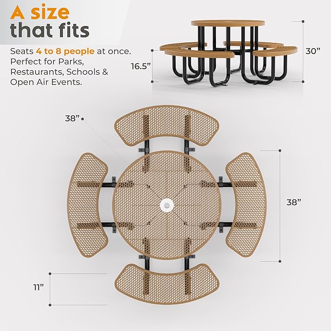Metal Picnic Tables for Outdoors with Umbrella Hole - Coated Steel Heavy Duty Commercial Grade Table with Adjustable Seats (Brown, 38 in, Round, Expanded Steel)