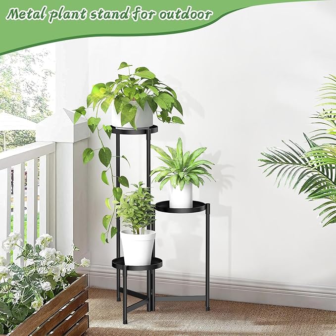 MOKANI Metal Plant Stand Indoor Outdoor for Multiple Plants, 3 Tiered Folding Corner Shelf Tall Flower Pot Holder Display Rack for Patio Living Room Balcony Garden, Black