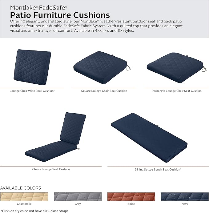 Classic Accessories Montlake FadeSafe Water-Resistant 25 x 22 x 4 Inch Wide Back Patio Quilted Lounge Cushion, Navy