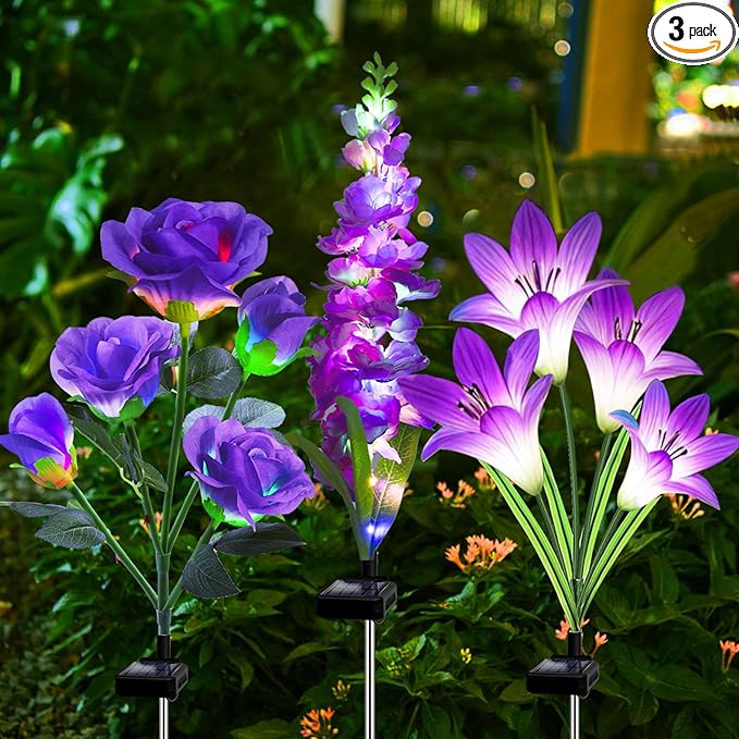 Solar Garden Lights Waterproof, 3 Pack Solar Flowers Lights Includes Lily Rose Delphinium,Gardening Gifts for Mom Grandma Women ,7-Color Changing Outdoor Decor Solar Lights for Garden Yard Patio Lawn