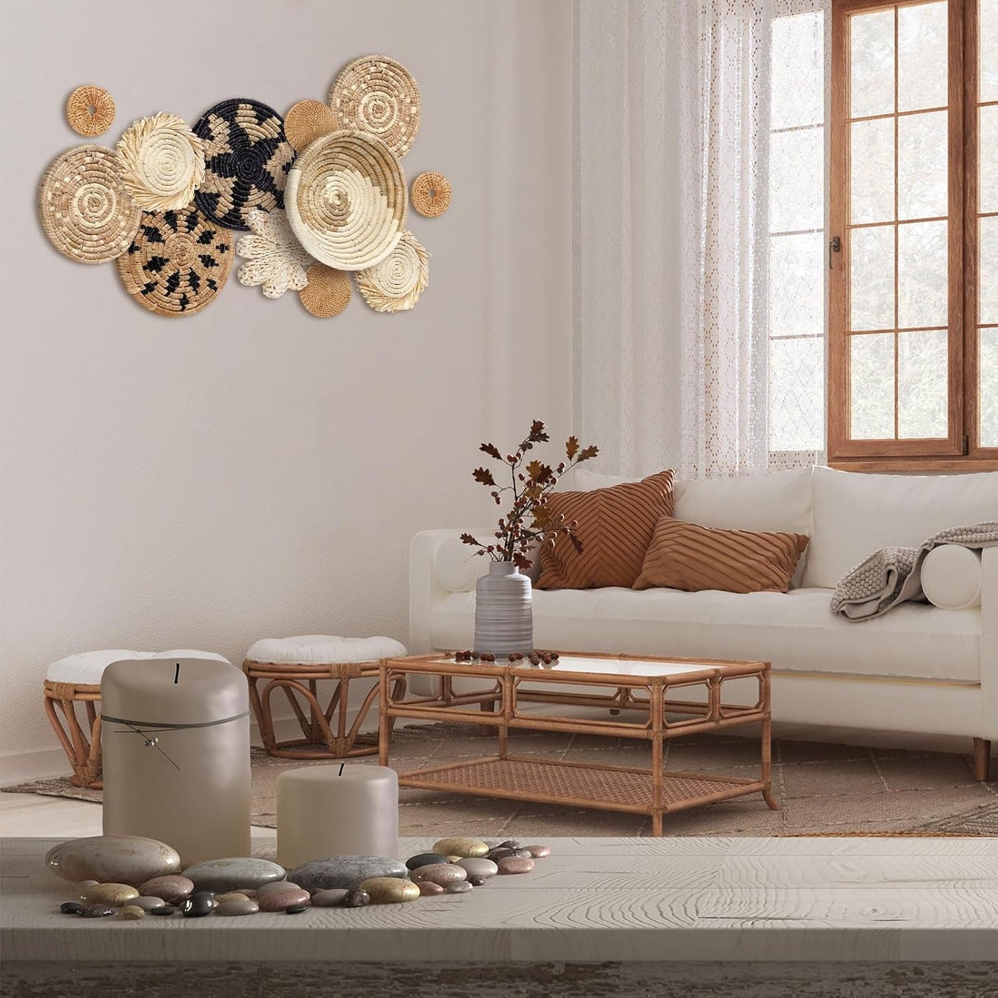 Xuhal 11 Pcs Boho Hanging Wall Basket Decor Handmade Woven Basket Wall Decorative Boho Wicker Baskets Placemats Round Farmhouse Bulrush Art for Rustic Home Decorations Christmas Gift(Rustic)