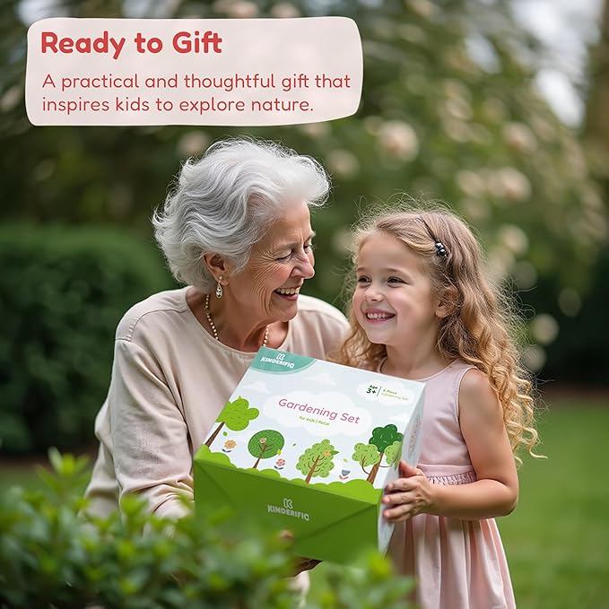 Gardening Set, Tool Kit, for Kids, STEM, Includes Tote Bag, Spade, Watering Can, Rake, Fork, Trowel and Gloves (Camo Quest)