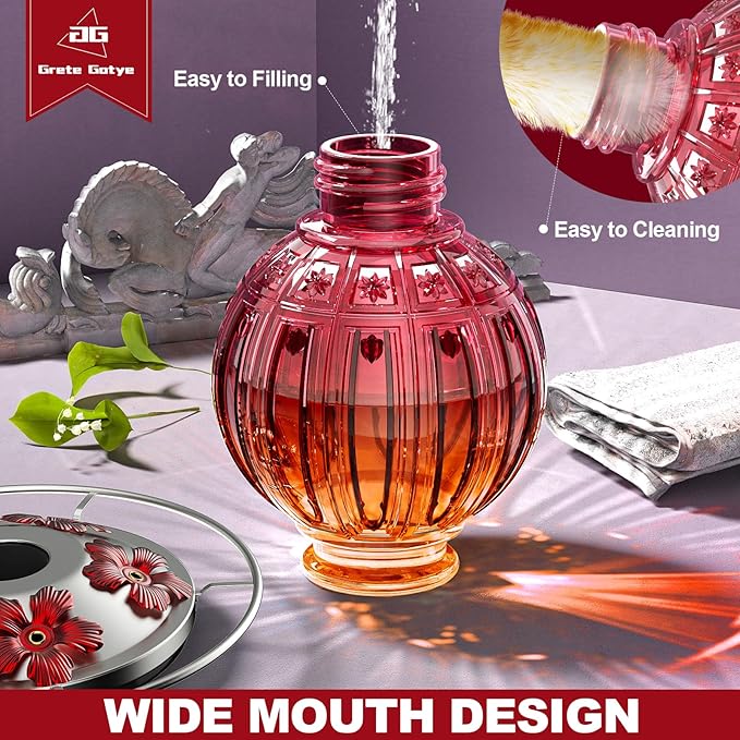 Glass Hummingbird Feeder for Outdoors Hanging, 26Oz Bird Nectar Feeder with Perch & 5 Flower Feeding Ports, Leak Proof for Outside Garden Decor Backyard, Gifts for Women Mom, Clear & Red