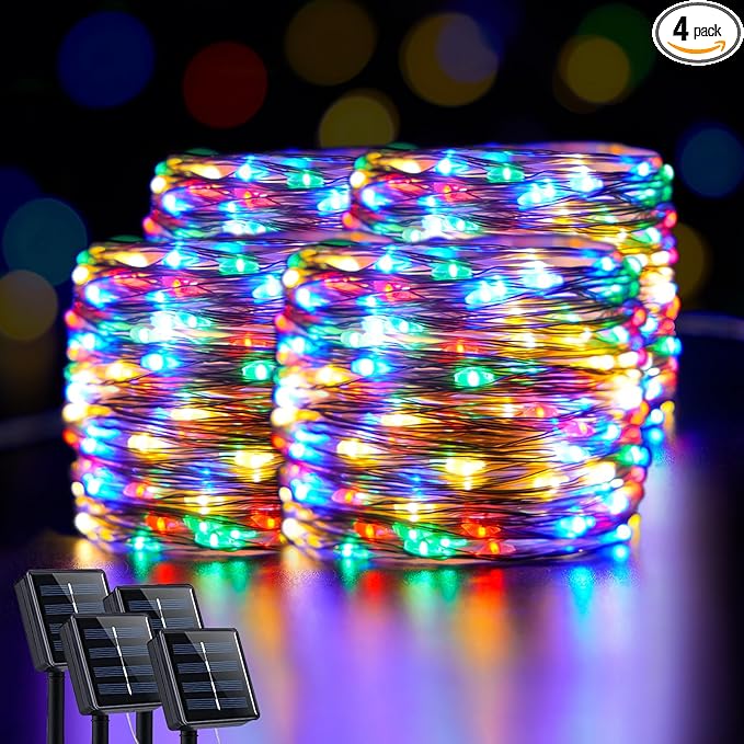 JMEXSUSS 4 Pack Solar Fairy Lights Outdoor, Each 66ft 200 LED Multicolor Fairy Lights Solar Powered 8 Modes, Copper Wire Mini Solar String Lights for Tree Garden Patio Party Christmas Decorations