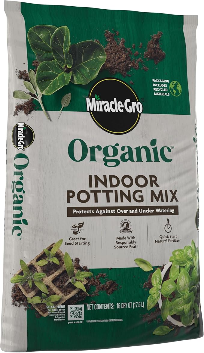 Miracle-Gro Organic Indoor Potting Mix, Protects Against Over and Under Watering, for Indoor Container Plants, Houseplants and Starter Plants, OMRI Listed, 16 qt., 2-Pack
