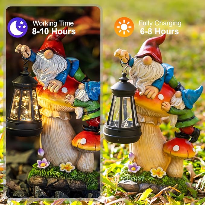 Solar Garden Statue Gnomes Figurine Lights,Funny Gnomes Standing on Mushrooms with Lanterns, with Lanterns Outdoor Yard Decorations for Patio Porch Home, Garden Gifts for Women Mom